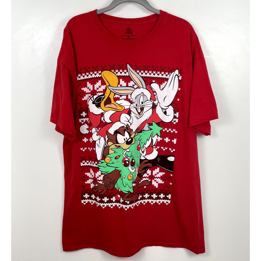 Looney Tunes Bugs Bunny Daffy Duck Tasmanian Devil Christmas T Shirt Red XL